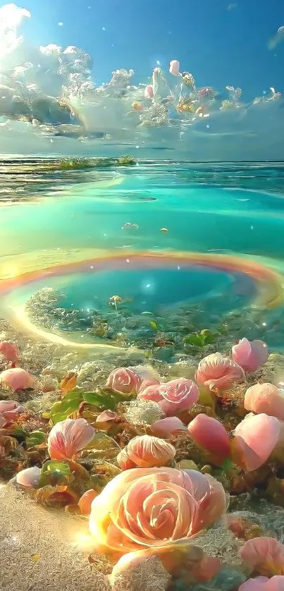 Surreal beach scene with roses and turquoise ocean under a vivid sky.