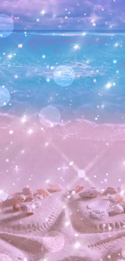 Dreamy beach wallpaper with sparkles and pastel ocean view.