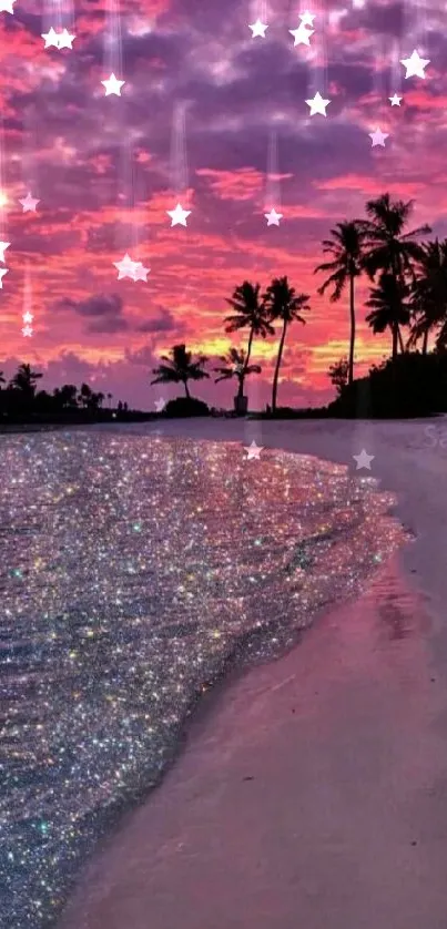 Vibrant pink sunset over a tranquil beach with palm trees.