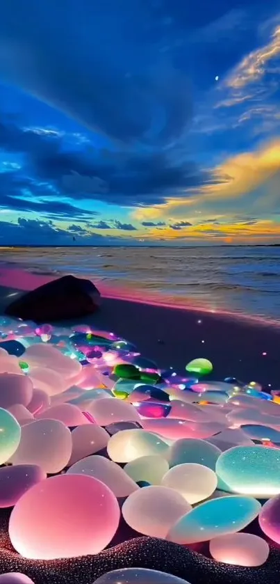 Dreamy beach sunset with colorful pebbles and vibrant sky.