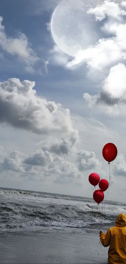 Person holding balloons on a cloudy beach.