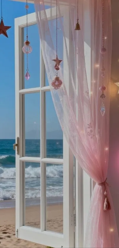 Open window with pink curtains overlooking a beach.