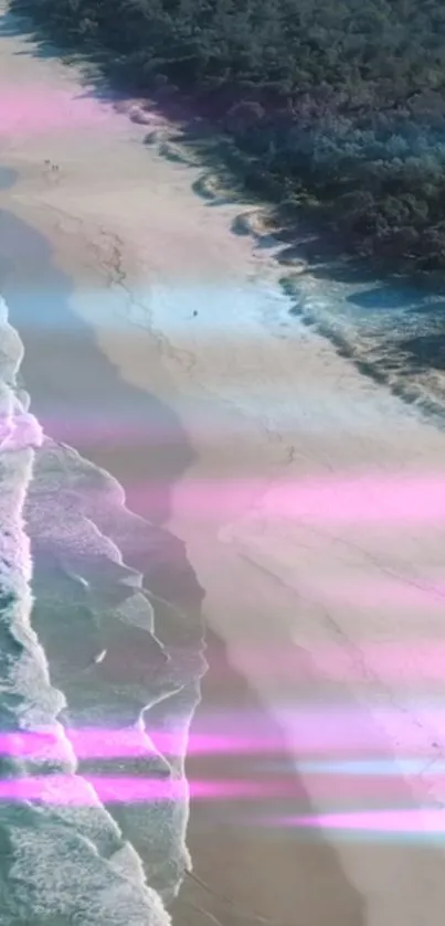 Aerial view of a dreamy beach with pink hues and crashing waves.