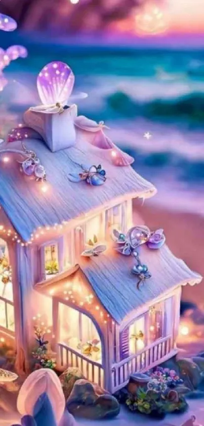 Fairy house on the beach with purple glow lights at sunset.