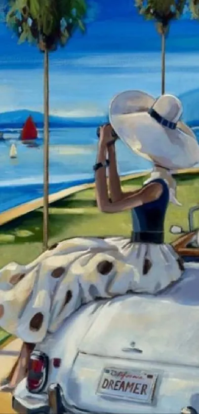 Elegant woman on vintage car by the sea.