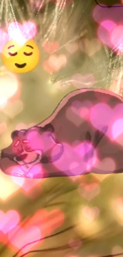 A dreamy bear surrounded by glowing pink hearts, creating a peaceful vibe.