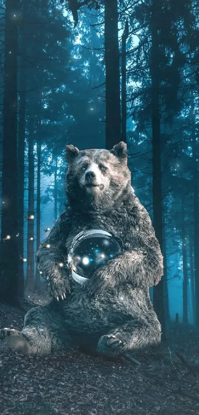 Bear holding a globe in an enchanted forest with a mystical atmosphere.