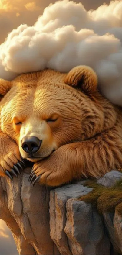 A bear peacefully sleeping on a cliff covered by clouds.