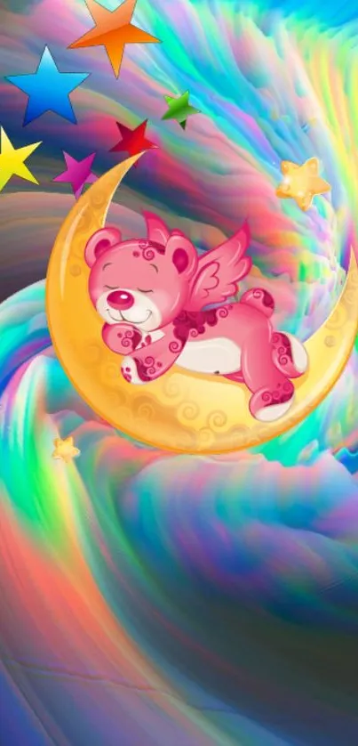 Pink bear with wings on moon in a colorful swirl background.