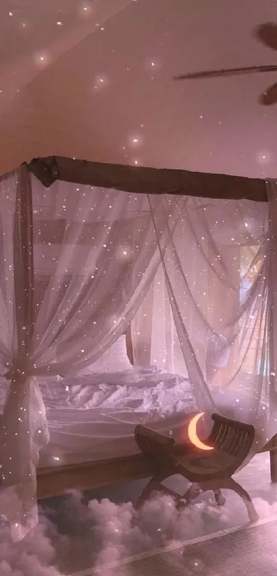 Dreamy bedroom with a starry canopy over a plush bed, creating a serene ambiance.