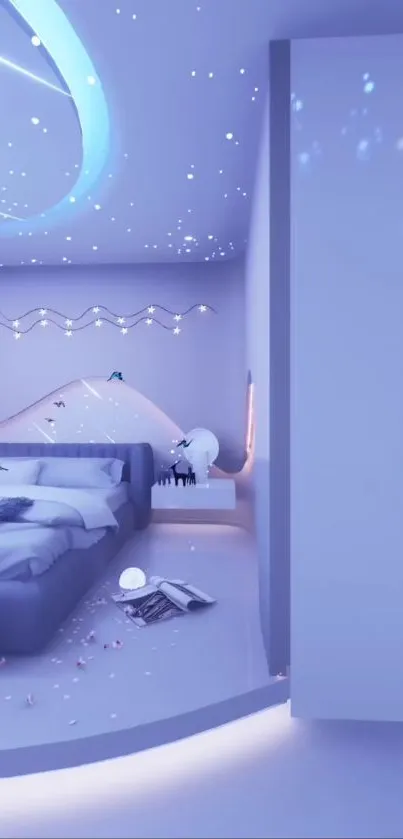 Dreamy bedroom with galaxy-inspired design in soft blue and purple hues.