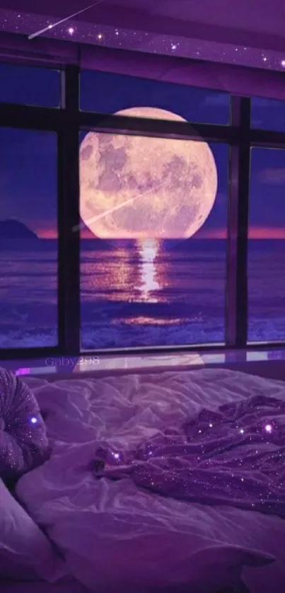 Cozy bedroom with a purple moonlit ocean view.