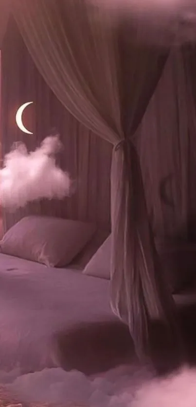 Dreamy bedroom scene with moonlit bed and lavender decor.