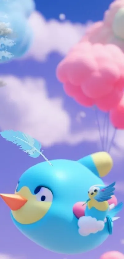 Whimsical blue bird flies amid pastel balloons and clouds on mobile wallpaper.