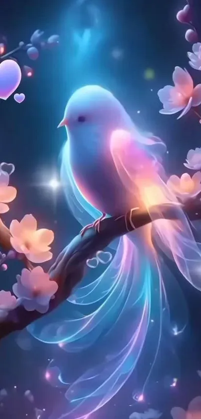 Glowing bird perched among luminous blossoms.
