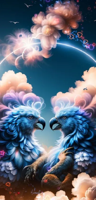 Fantasy birds in a celestial cloudy sky, vibrant colors.