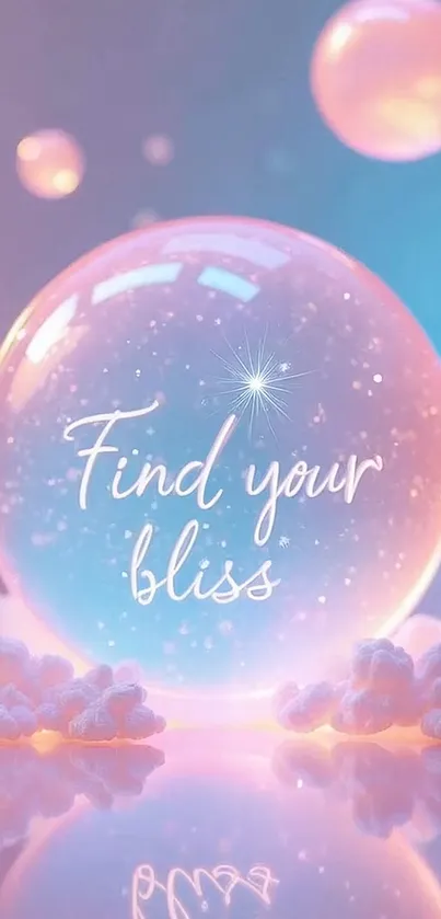 Dreamy pink orb with 'Find your bliss' text over clouds.