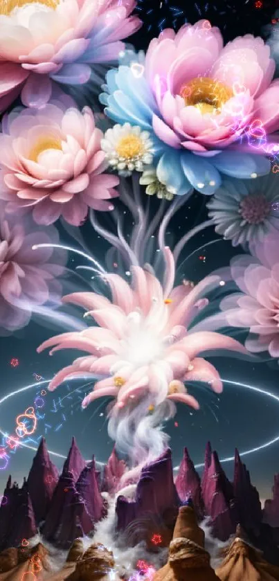 A mystical scene with cosmic flowers blooming over a fantasy landscape.