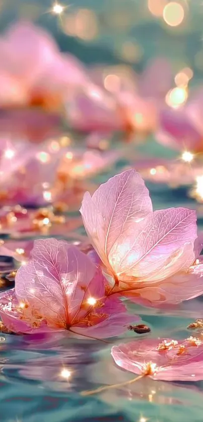 Pink blossoms reflecting on water with soft lighting.