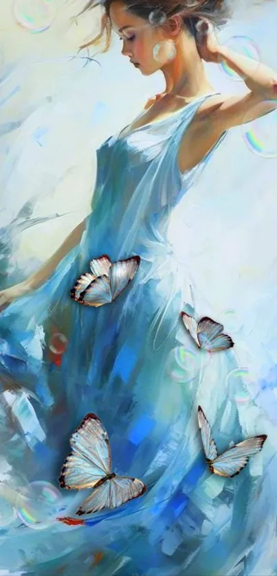 Dreamy woman in blue dress with butterflies.
