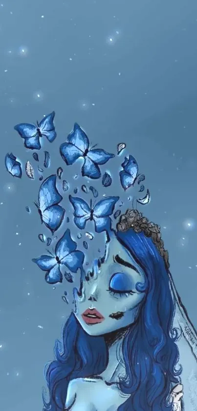 Fantasy artwork of a blue butterfly with ethereal design.