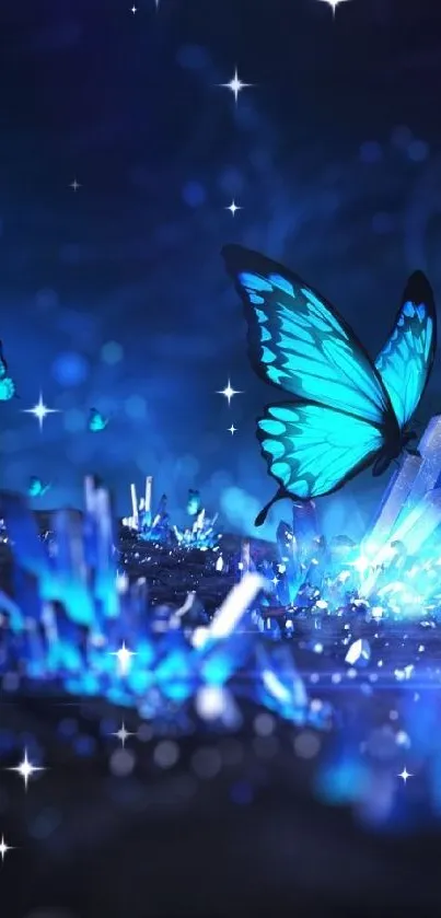 Blue butterfly among glowing crystals, dreamy wallpaper.