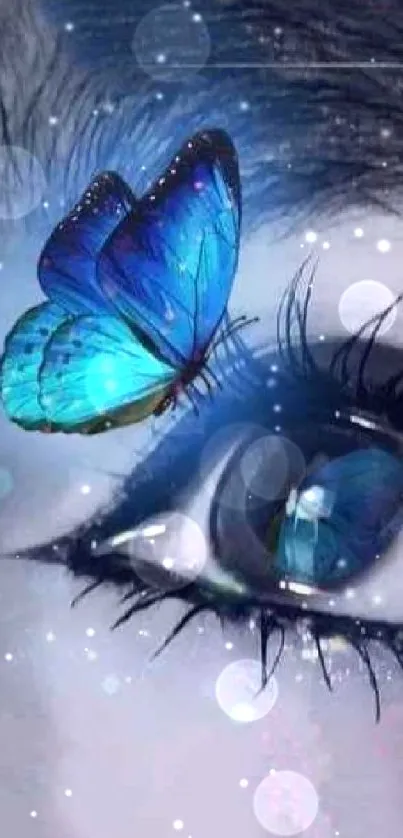 A blue butterfly resting on an eye with a surreal, dreamy effect.