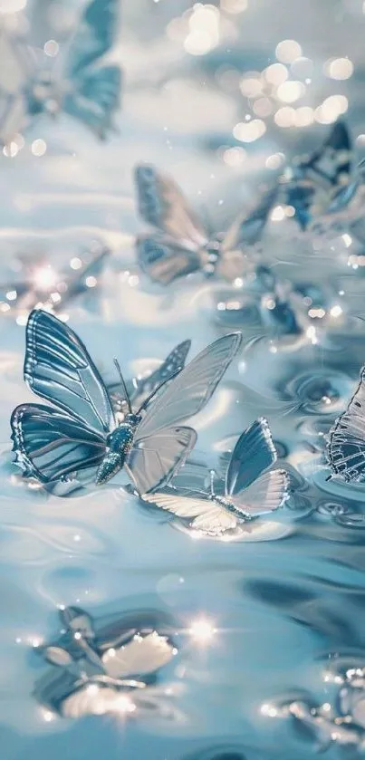 Blue butterflies gently resting on shimmering water, creating a serene and dreamy effect.