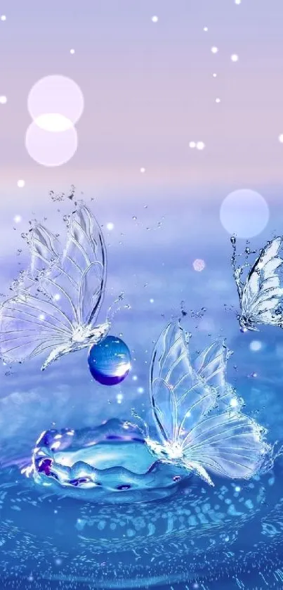 Dreamy blue butterflies splashing over serene water background.