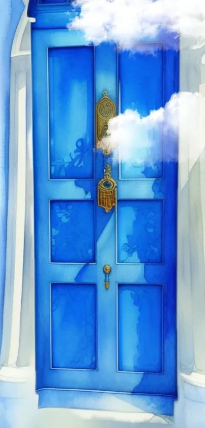 Artistic blue door with clouds on mobile wallpaper.