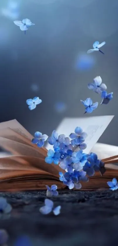 Open book with blue flowers floating in air.