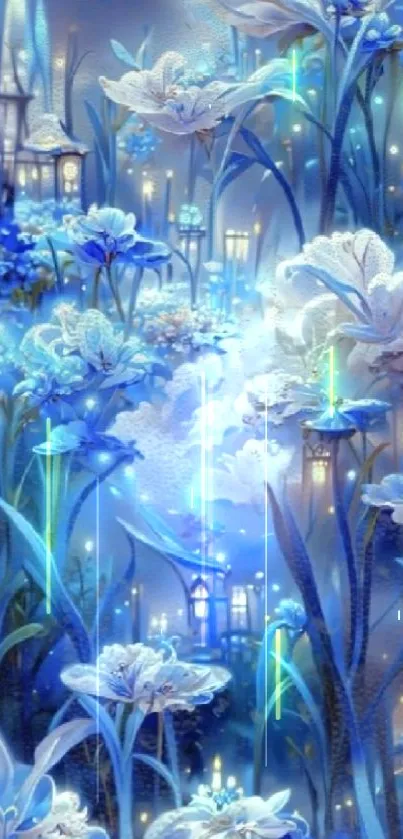 Enchanted garden with glowing blue flowers in a mystical digital art scene.