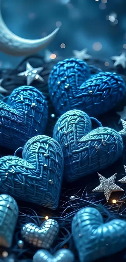 Dreamy blue hearts with stars and moon in a serene night setting.