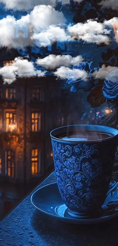 Blue teacup with city lights in a dreamy night setting.