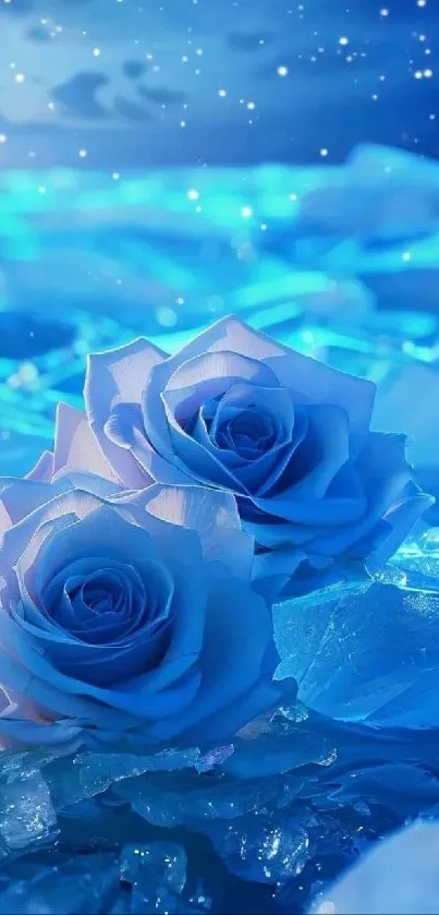 Dreamy blue roses with icy crystals on mobile wallpaper.