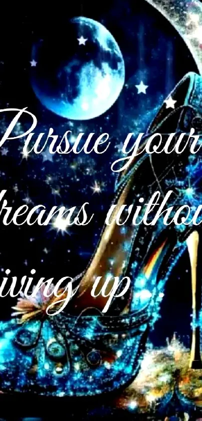 Blue stiletto with quote on starry night wallpaper.