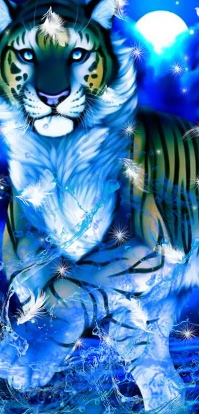 Magical blue tiger with glowing night sky in a mystical wallpaper design.