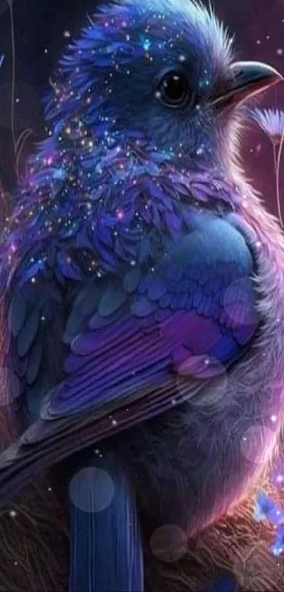 Mystical bluebird with vibrant colors in a fantasy setting.