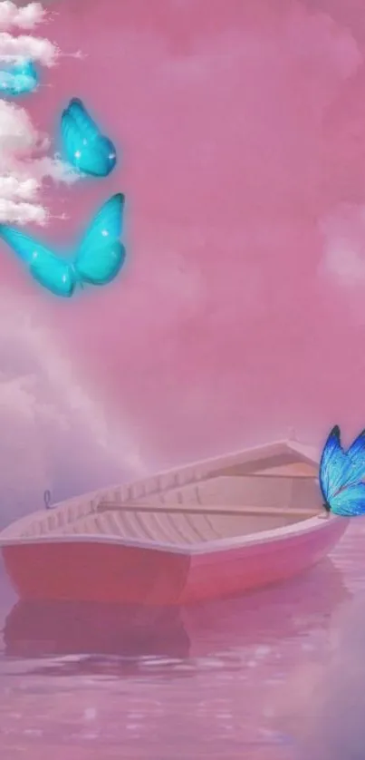 A dreamy boat scene with pink clouds and blue butterflies.