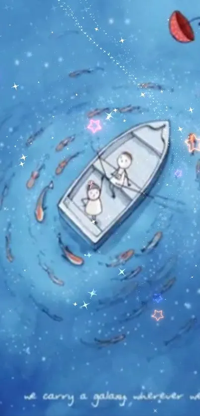 Illustration of a boat swirling in a starry blue sea with a floating umbrella.