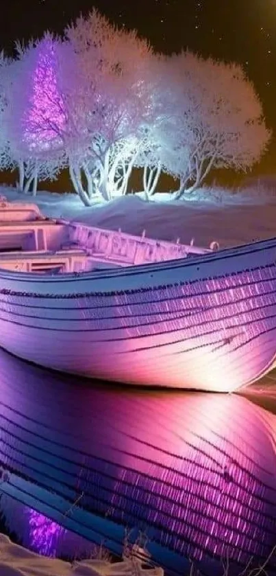 Luminous boat reflects pink and purple hues in serene night setting.