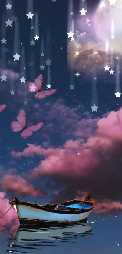 Boat under pink clouds and moon with butterflies in starry sky.