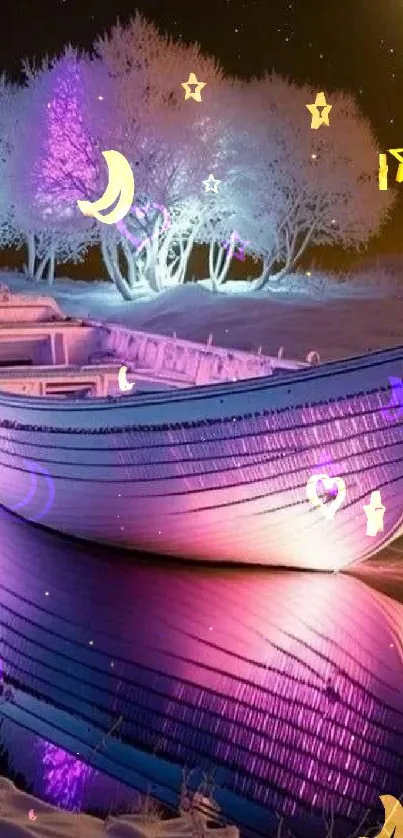 Dreamy boat on serene water under a moonlit sky.