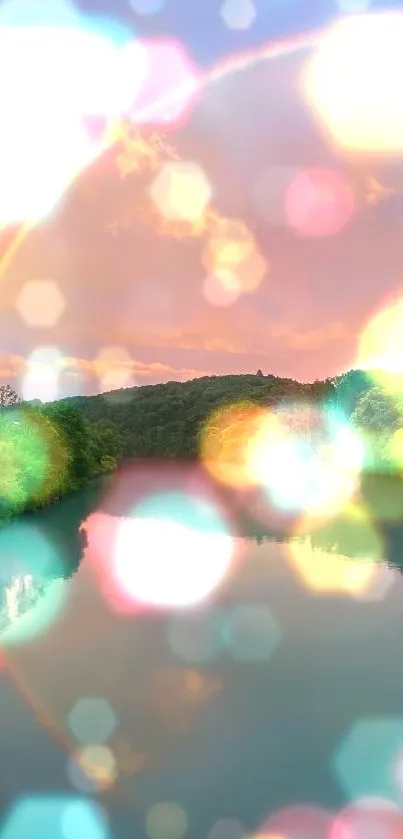 Dreamy forest bokeh wallpaper with colorful reflections on water.