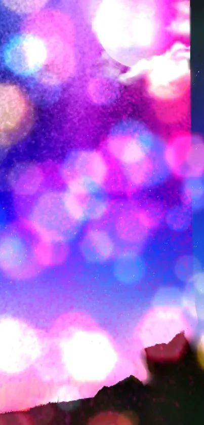 Dreamy bokeh night wallpaper with pink, purple, and blue hues and nature silhouette.