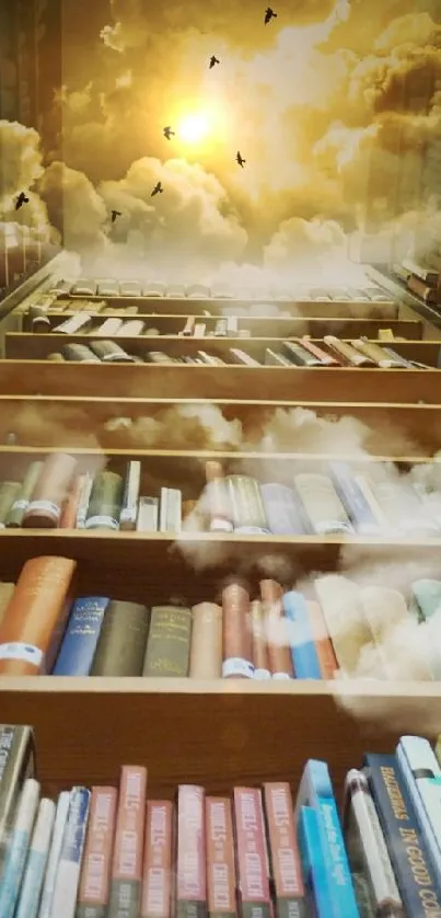 Dreamy bookshelf blending with a celestial sunrise and floating clouds.