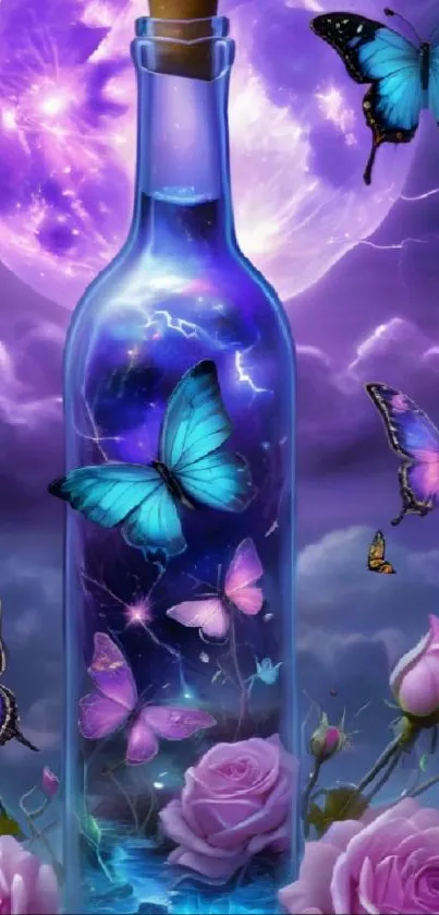 Surreal wallpaper of butterflies around a glowing bottle with a purple night sky.