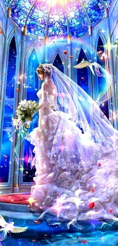 Ethereal bride in a mystical, vibrant setting.