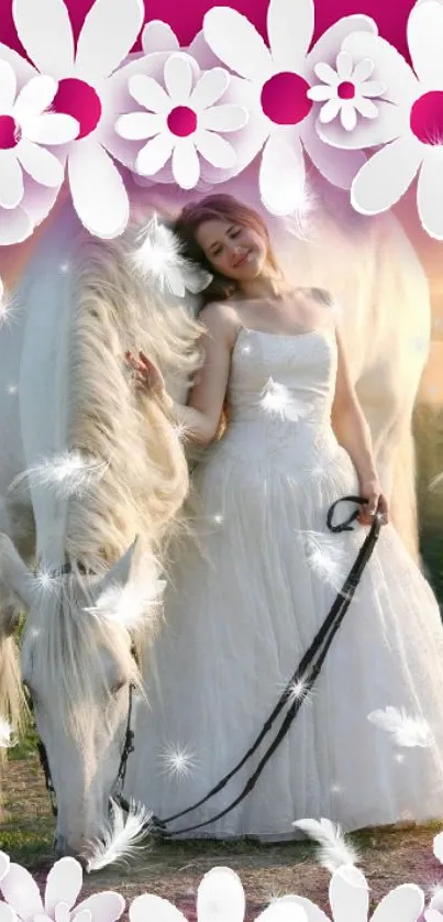 Bride in white with a horse, surrounded by pink floral accents.