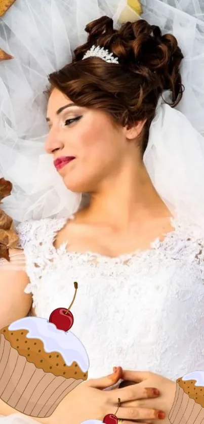 Bride in white dress with cupcake illustrations and autumn leaves.